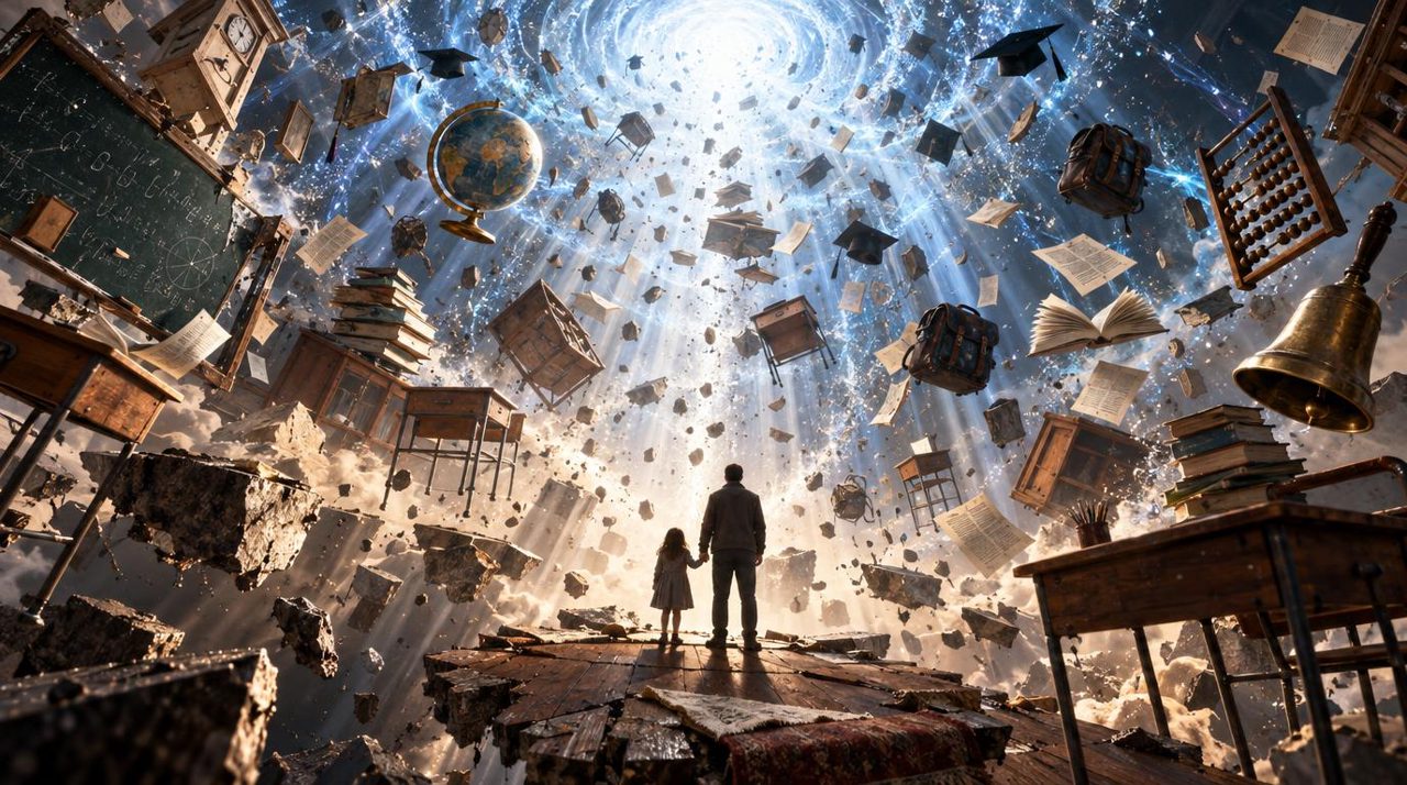 Парты, доска, книги, глобус, школьный звонок и выпускные шапочки улетают вверх, в светящуюся воронку; взрослый и ребёнок, держась за руки, стоят на обломке пола класса и смотрят им вслед.